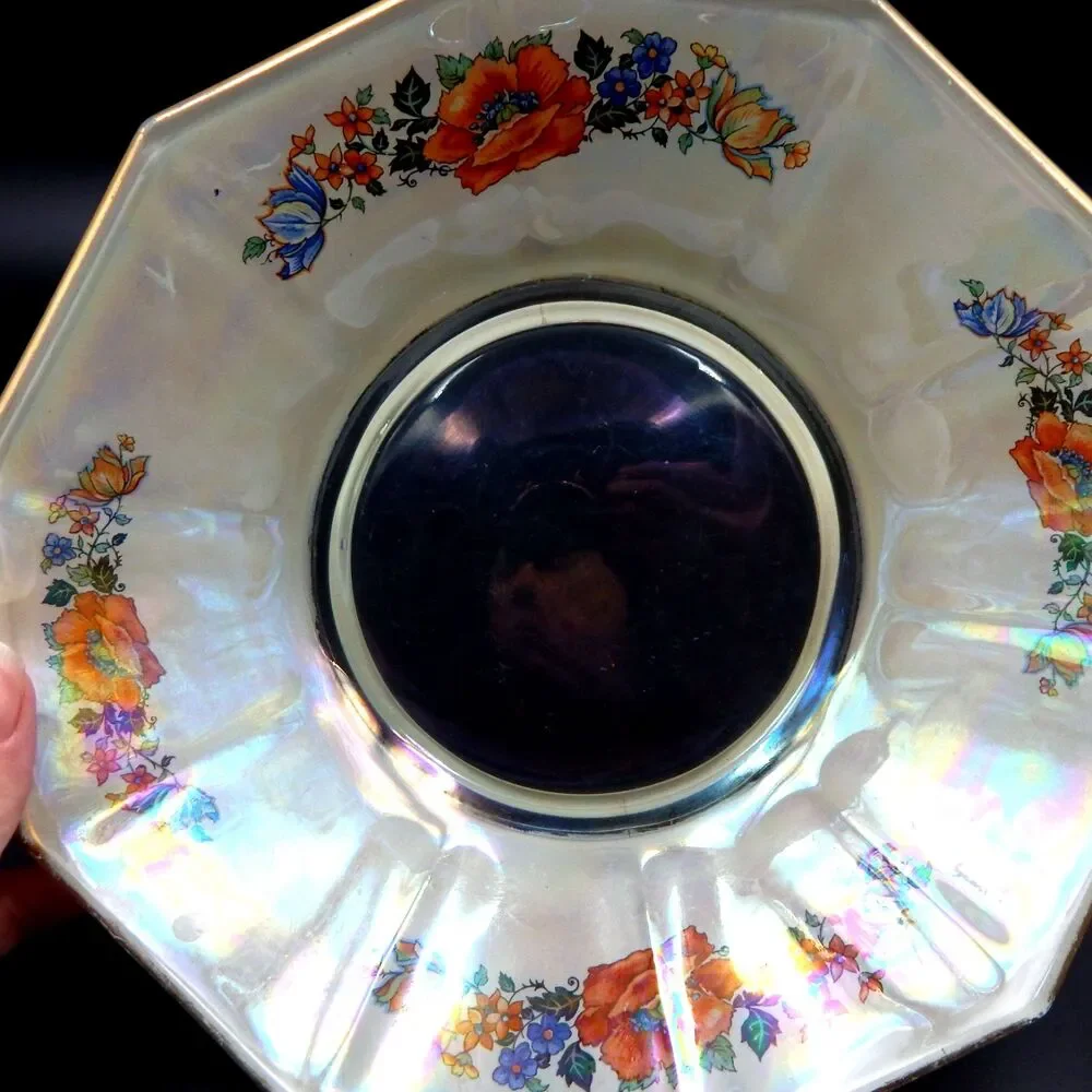 Glass Handled Serving Bowl Dish Floral Transfer Depression Glass 9 In Iridescent